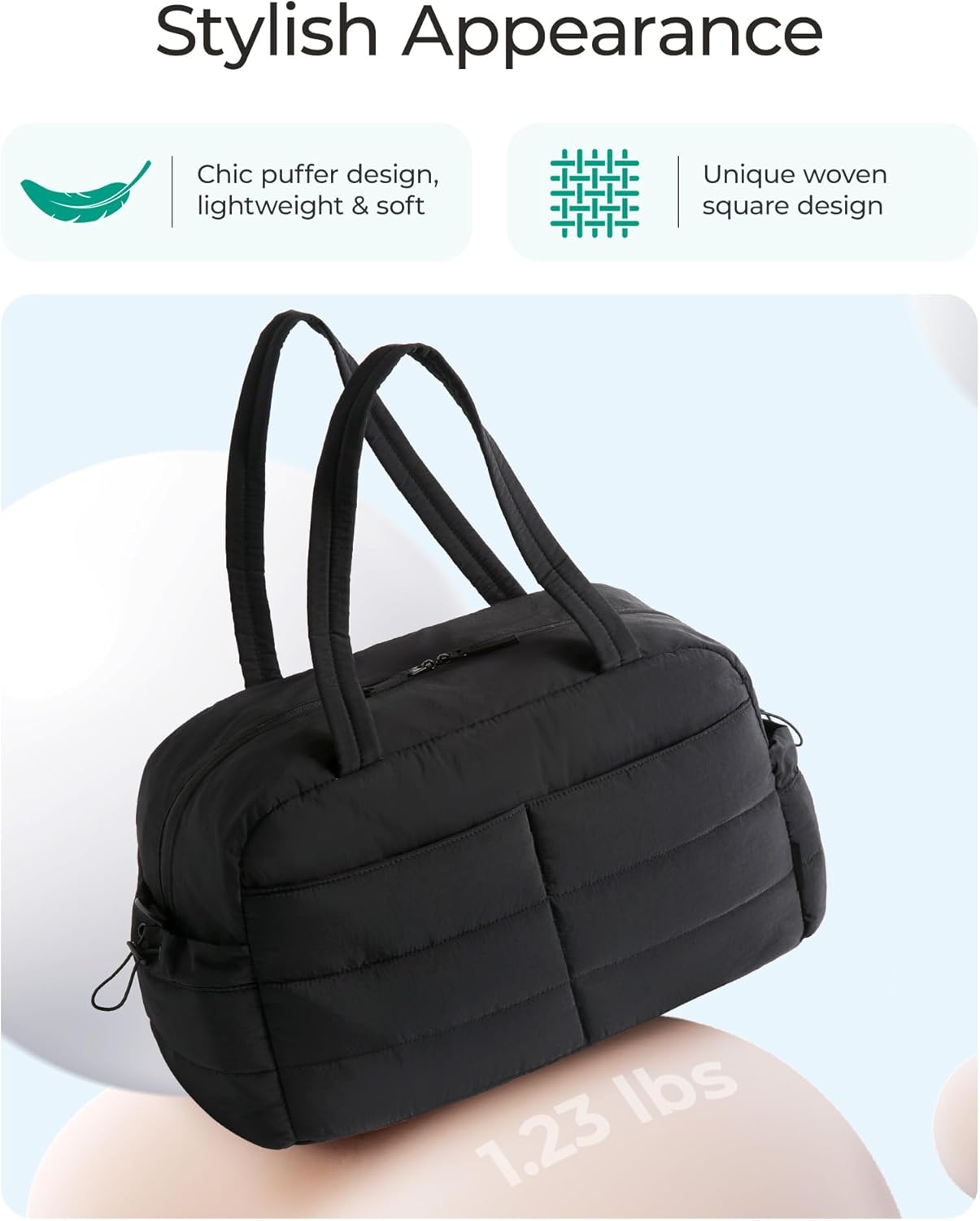 Gym Bag for Women, Lightweight Puffer Duffle Bag 2-PC Travel Bag, 31L Weekender Overnight Bag Quilted Carry On Tote Bag, Diaper Hospital Dance bag for Travel, Gym, Water Resistant, Black
