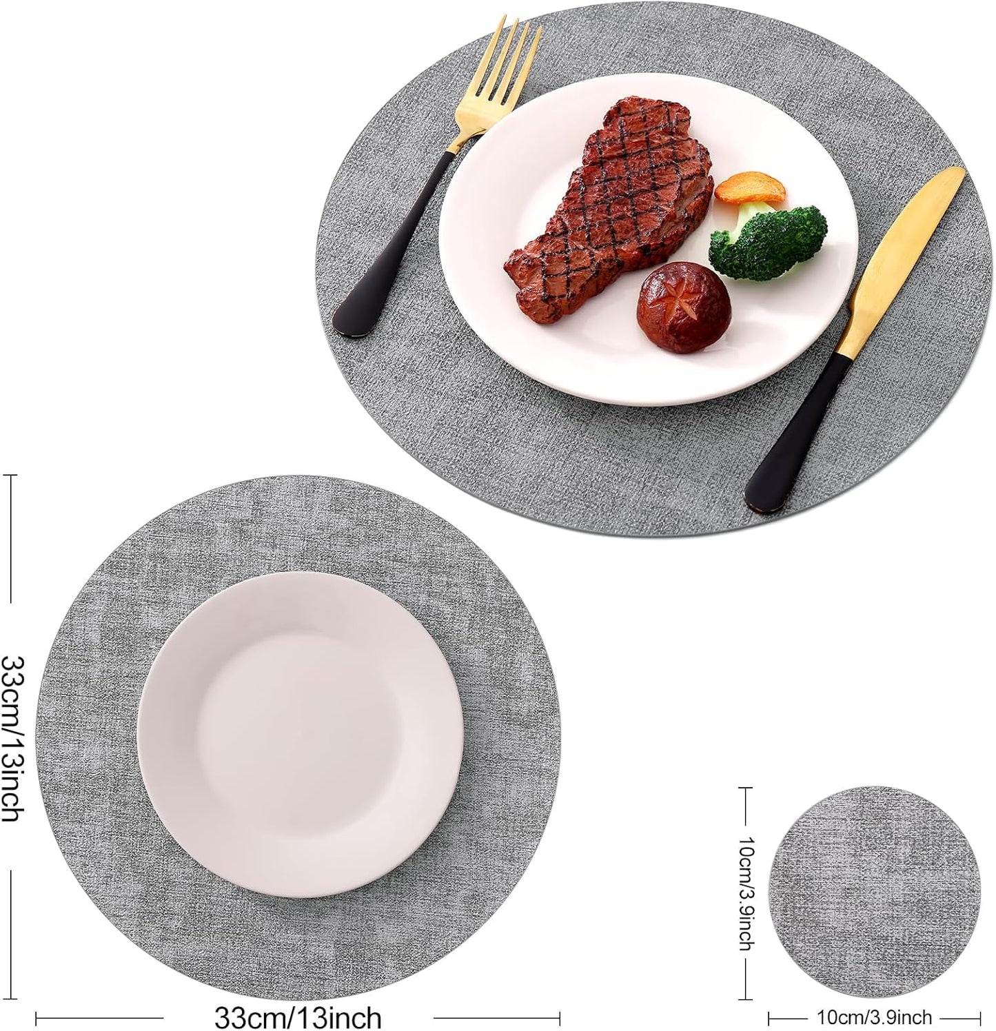 Homaxy Round Faux Leather Placemats and Coasters, Washable Dual-Side Table Mats, Wipeable Heat-Resistant Dining Place Mats and Terry Kitchen Towels(15" x 25", 6 Pack, Dark Grey)