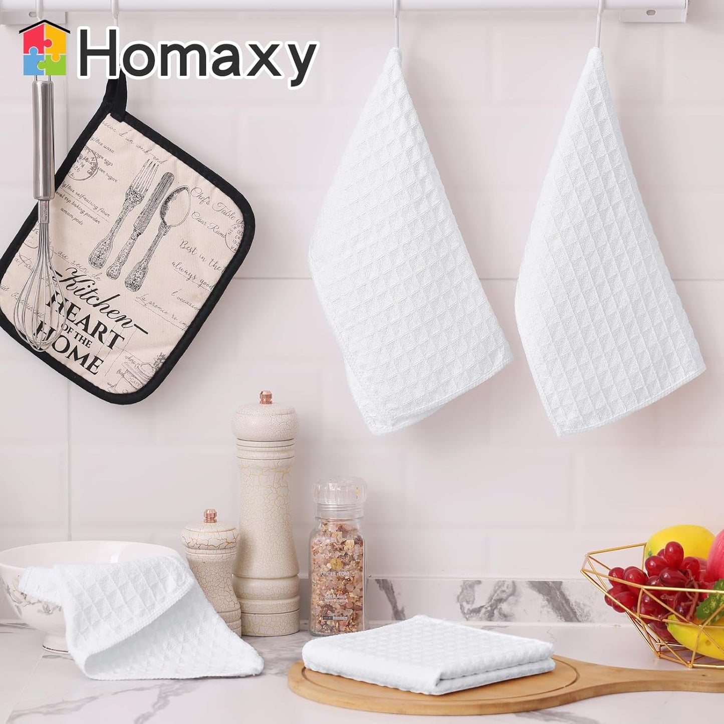 Homaxy Microfiber Waffle Weave Kitchen Towels Set(16 x 28 Inches and 12 X 12 Inches, 8 Pack, White) and Terry Kitchen Towels(15" x 25", 6 Pack, Dark Grey)