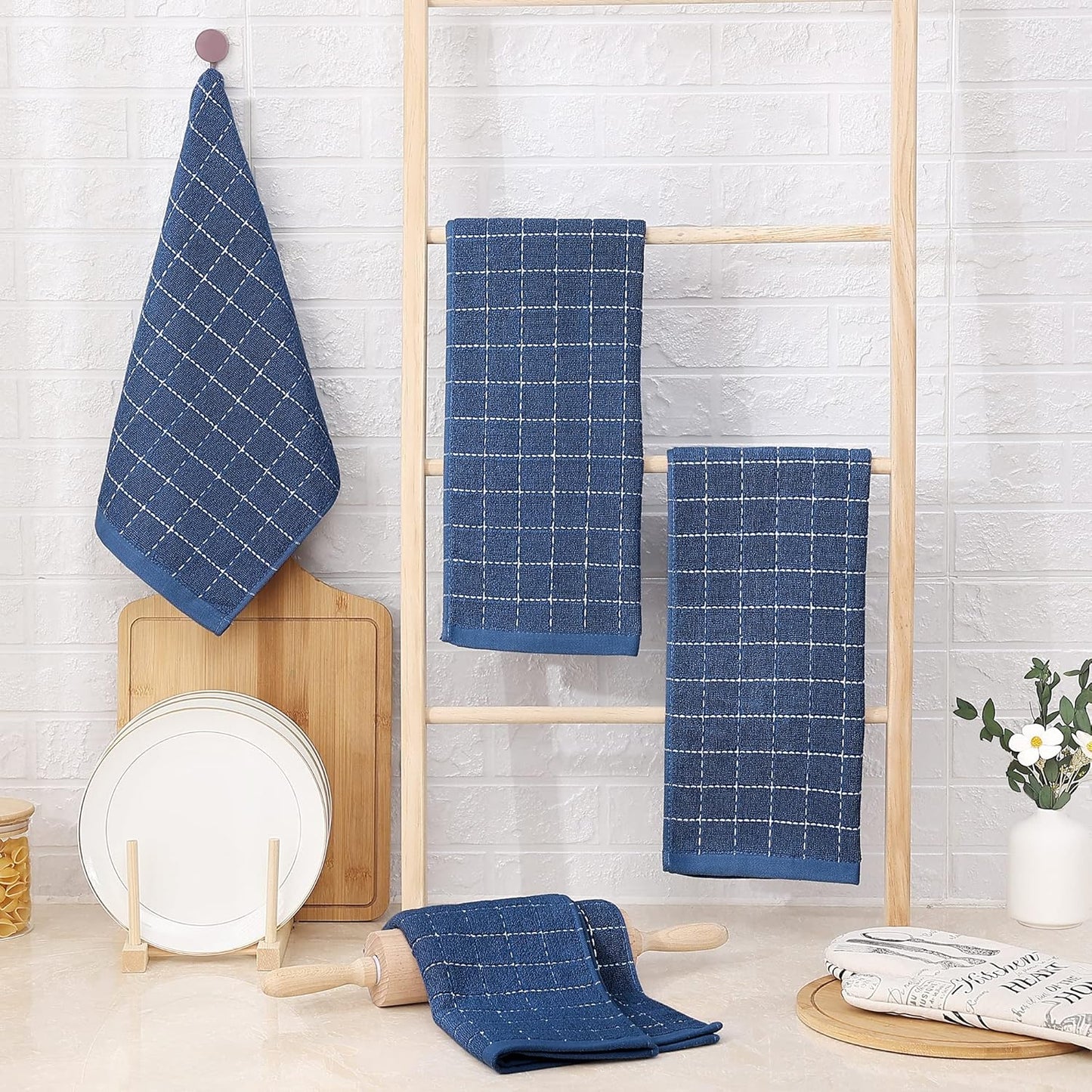 Homaxy Kitchen Towels Set, 13 x 28 inches and 12 x 12 Inches, Set of 10 Bulk Cotton Kitchen Towels Set, Ultra Soft Absorbent Dish Towels for Washing Dishes, Navy Blue