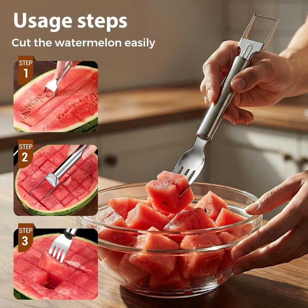 2-in-1 Stainless Steel Fruit Cutter, Upgraded Watermelon Slicer Tool, Portable Fruit Forks for Home, Kitchen and Camping (2 Pcs)