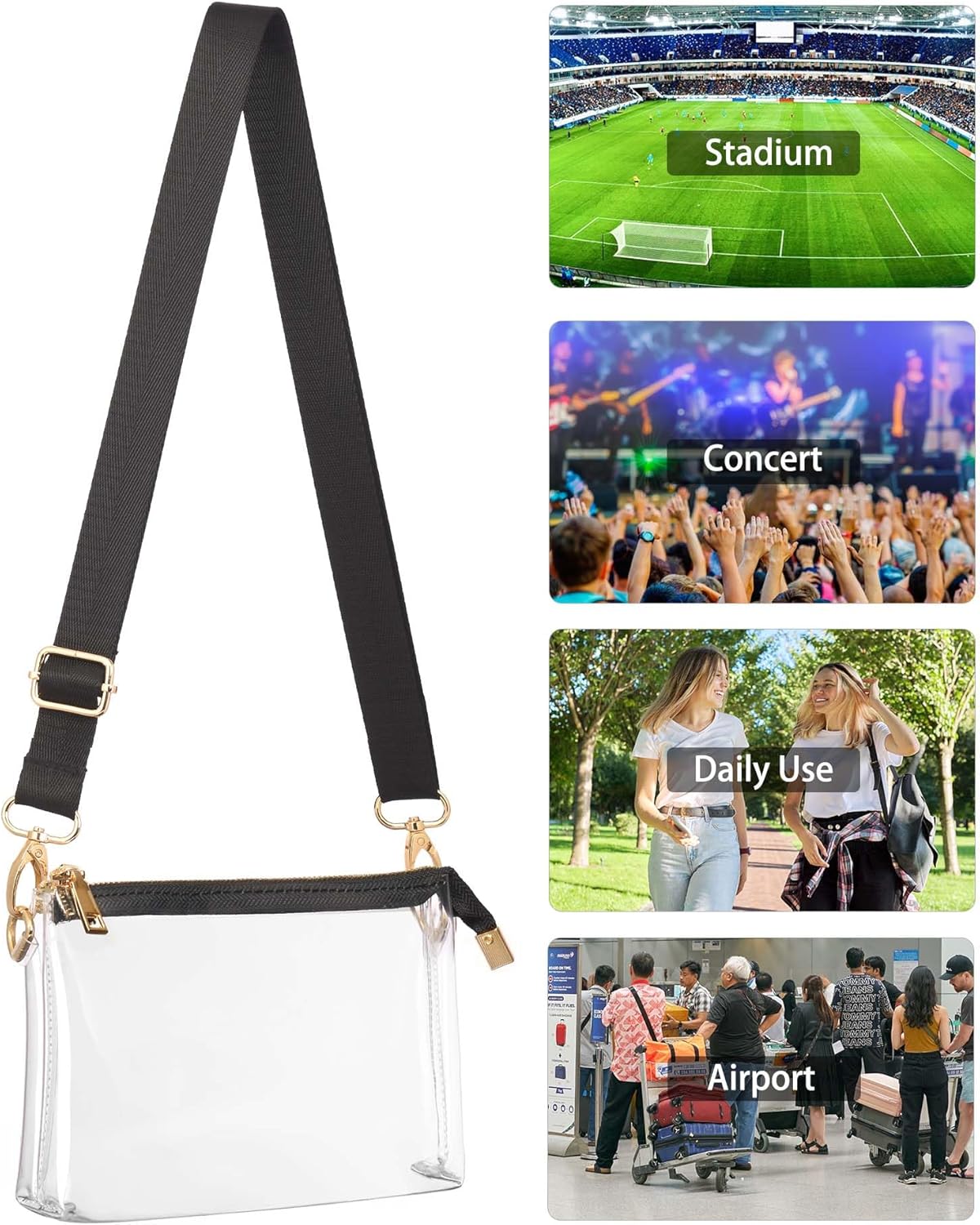 Clear Purse for Women Stadium Approved, Clear Bag for Stadium Events with Zipper, Crossbody Bag for Concerts Sports