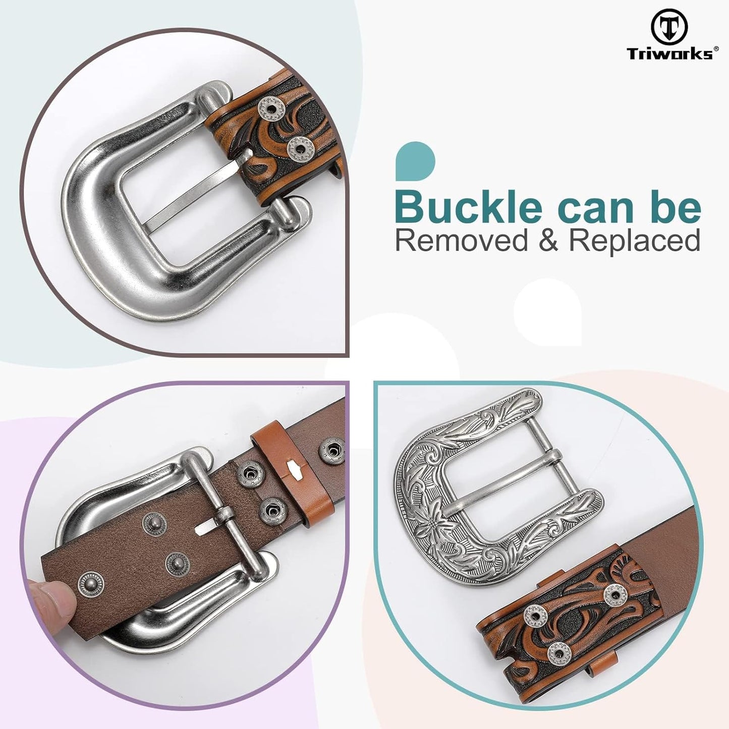 Western Belt for Women Men Cowgirl Cowboy Floral Engraved Tooled Leather Belt with Buckle for Jeans Pants Rodeo
