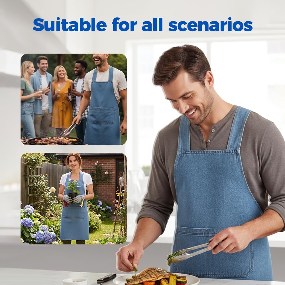 Lightweight Cotton Denim Apron with Front Pocket, Adjtable Bib Apron for Men Women Chef Apron, Kitchen Apron