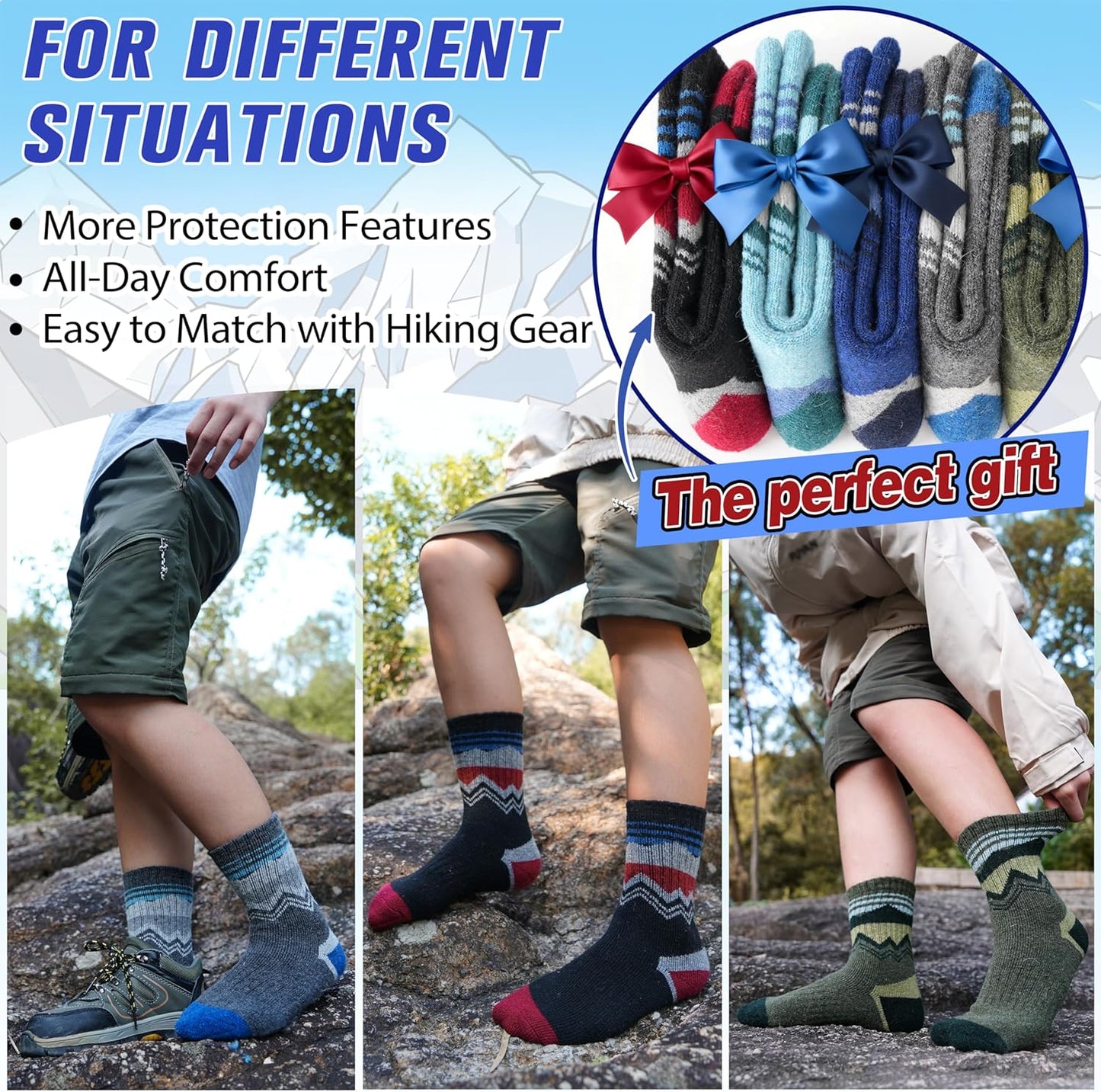 Kids Merino Wool Hiking Socks Thermal Winter Warm Thick Boys Toddlers Girls Chion Crew Socks 6 Pairs