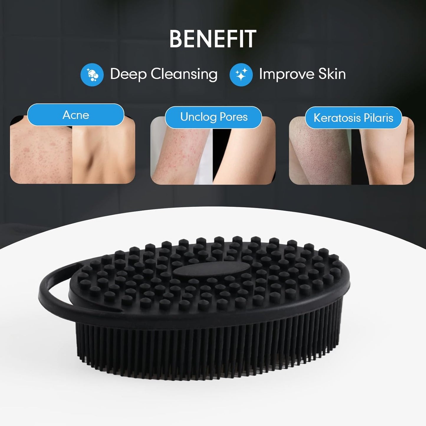 Silicone Body Scrubber for Shower, Dual-Sided Exfoliating Brh, Massage and Deep Cleanse, Black and Blue, 2 Pack