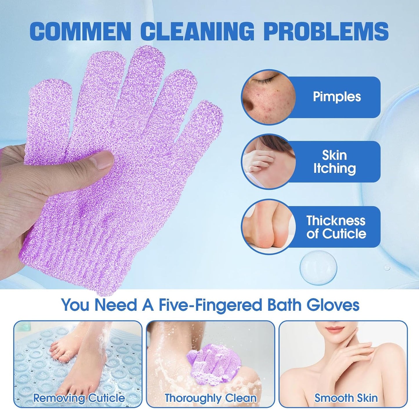 6 Pairs Exfoliating Bath Gloves Mitt Body Scrubber for Shower, Spa, Massage, Dead Skin Remover Bathing Accessories Women Men