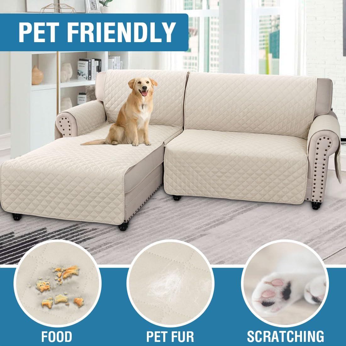 100% Waterproof Couch Covers for Sectional Sofa 2-Piece Couch Covers Sectional Couch Cover L Shaped for Dogs Non Slip (Left Chaise Lounge Cover + 3 Seat Sofa Cover, Coconut Milk)