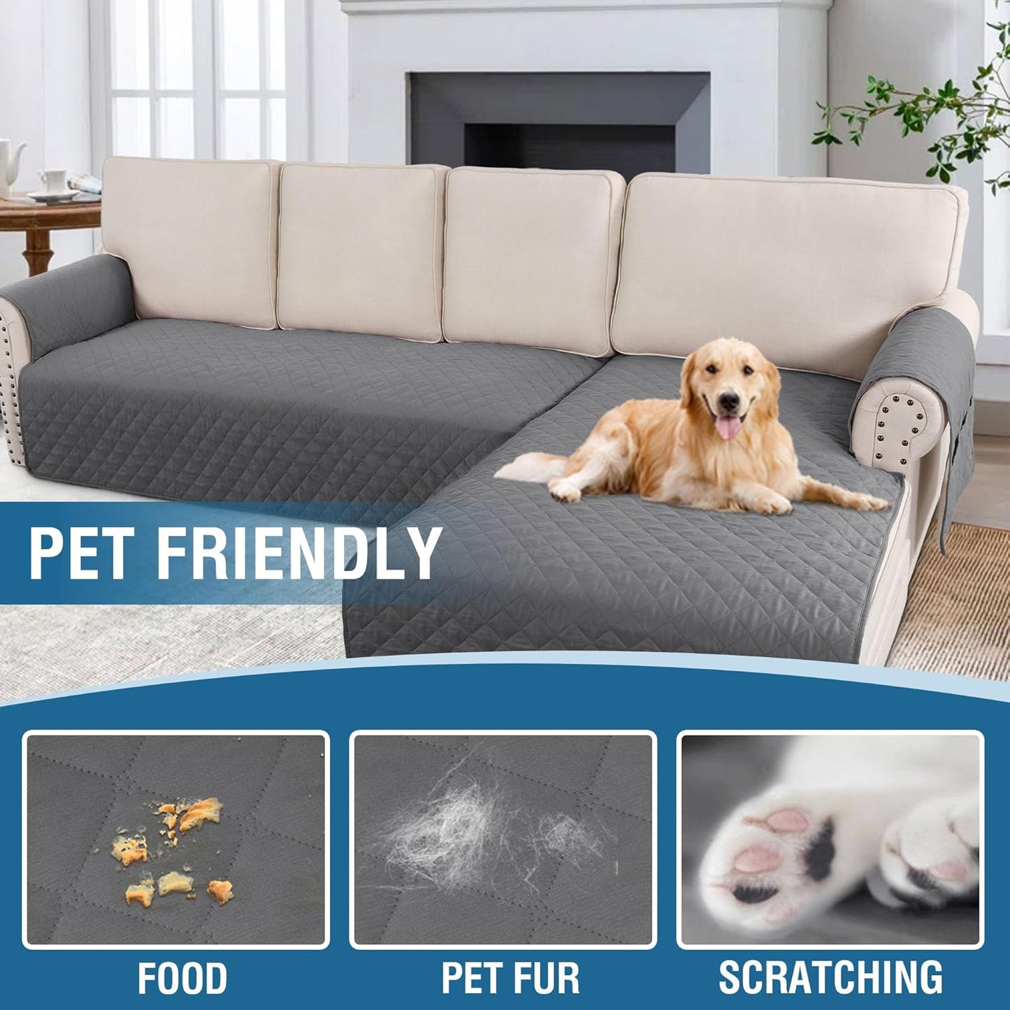 100% Waterproof Sectional Couch Covers L Shape Sofa Cover 2-Piece Couch Slipcover with Chaise Cover Durable Furniture Protector for Pets Dog Cat(Right Chaise + 3 Seat Sofa, Rocket Gray)