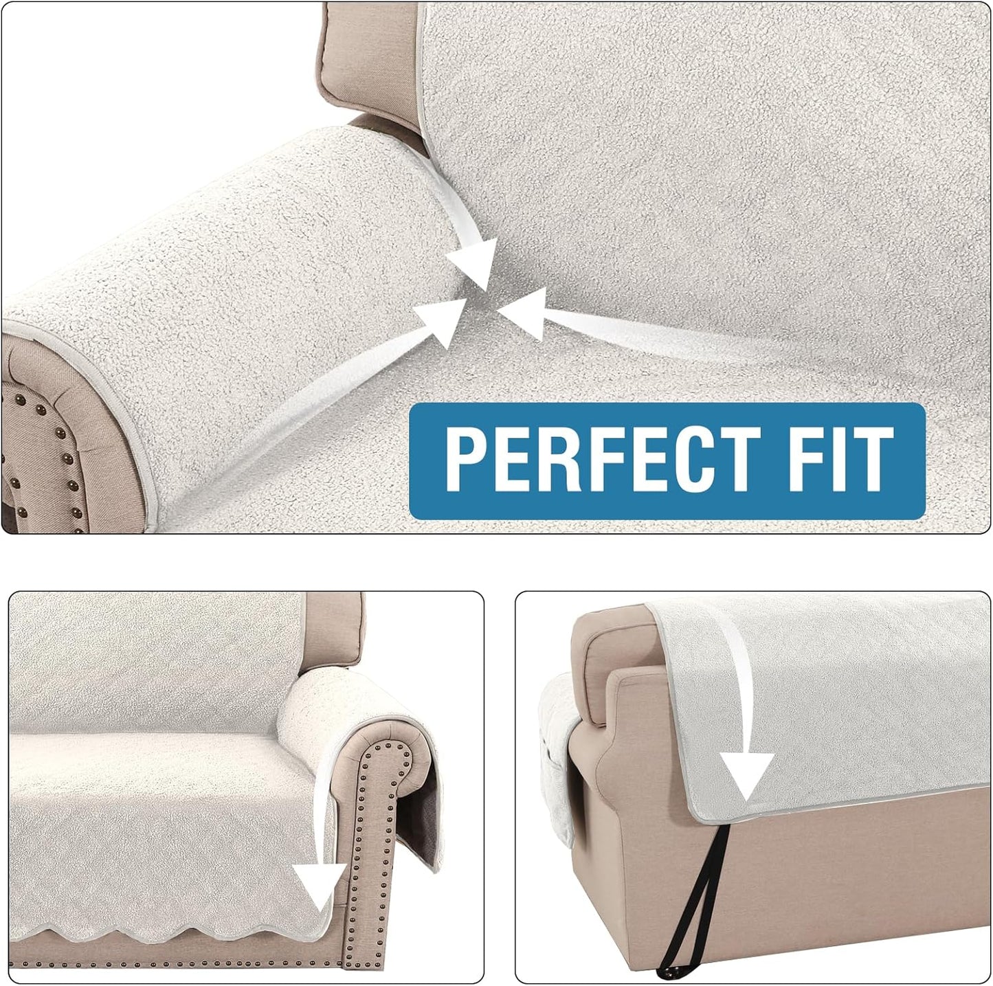 Waterproof Quilted Couch Covers Non Slip Sofa Covers Protector Slipcovers for Dogs Couch Covers for 3 Chion Couch Pet Furniture Protector Modern Fleece Fabric (Sofa,Natural White)