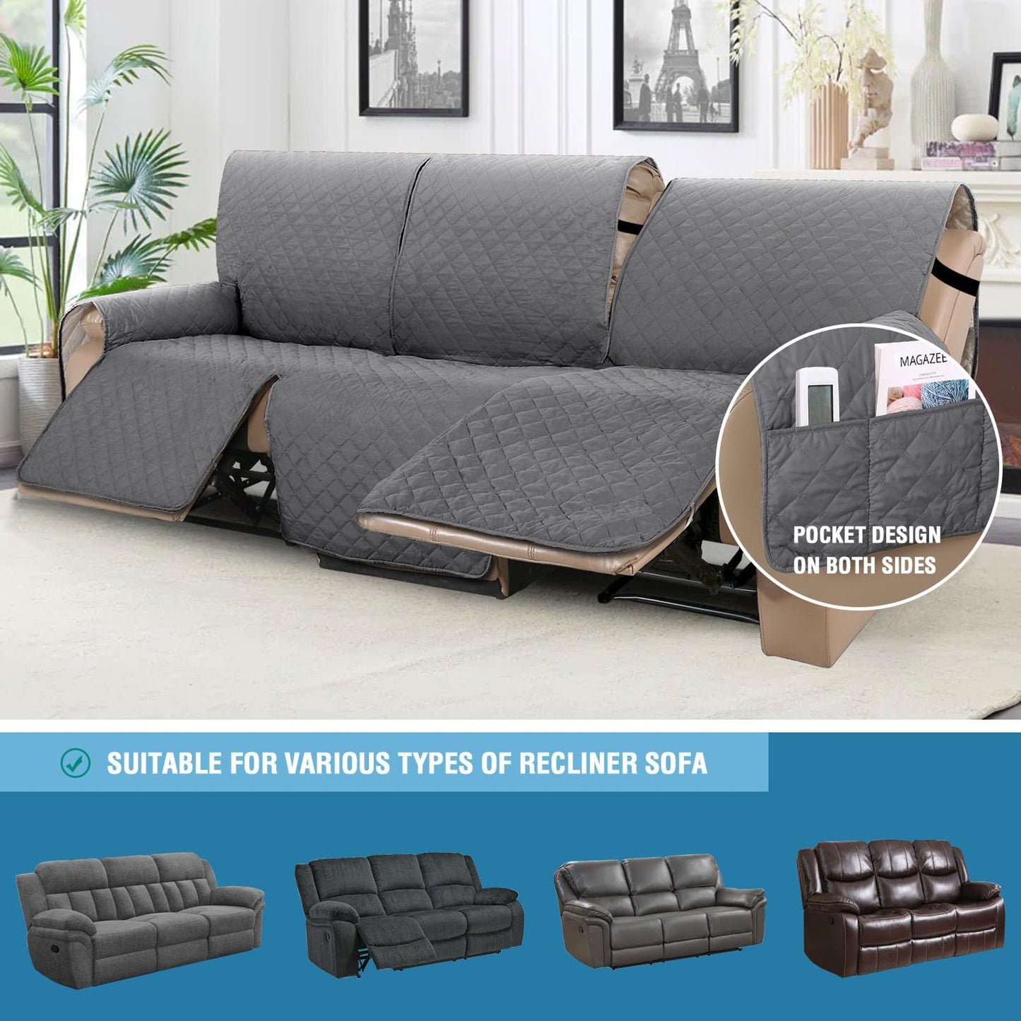 100% Waterproof Recliner Cover 1-Piece Recliner Sofa Cover for 3 Chion Couch Furniture Protector Cover with Non Slip Backing and Strap for Kids, Dogs, Pets(3 Seater, Rocket Gray)
