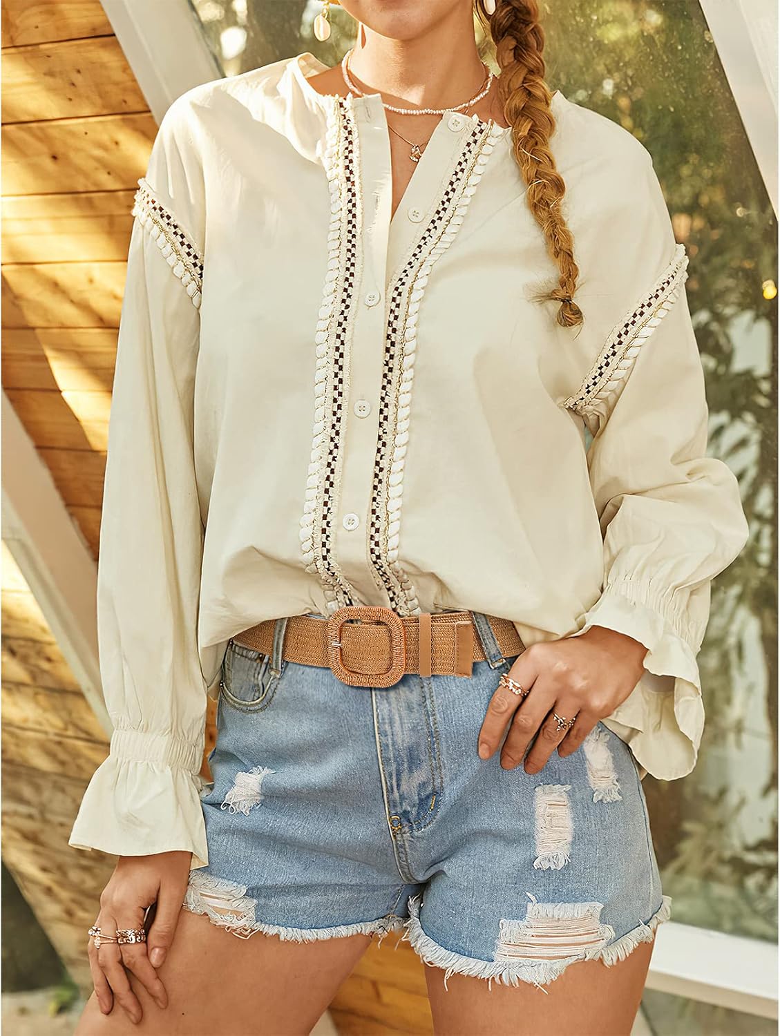 3 Pack Straw Woven Elastic Stretch Waist Belt Fashion Boho Dress Braided Belts for Women Khaki Beige Black XL