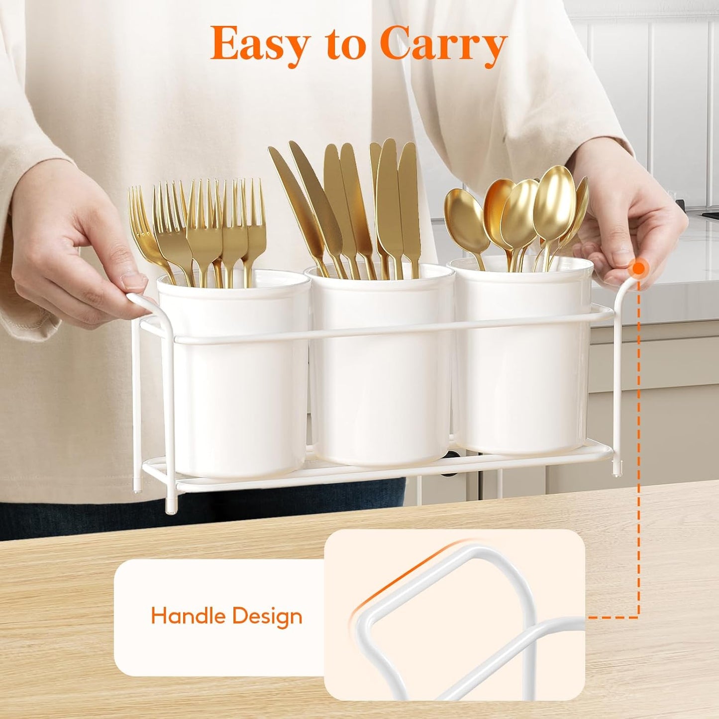 Plastic Silverware Caddy with Metal Rack, Utensil Holder for Party, Cutlery Flatware Organizer for Kitchen Countertop, Forks Spoons Knives Storage for Picnic Camping Outdoor Buffet, White
