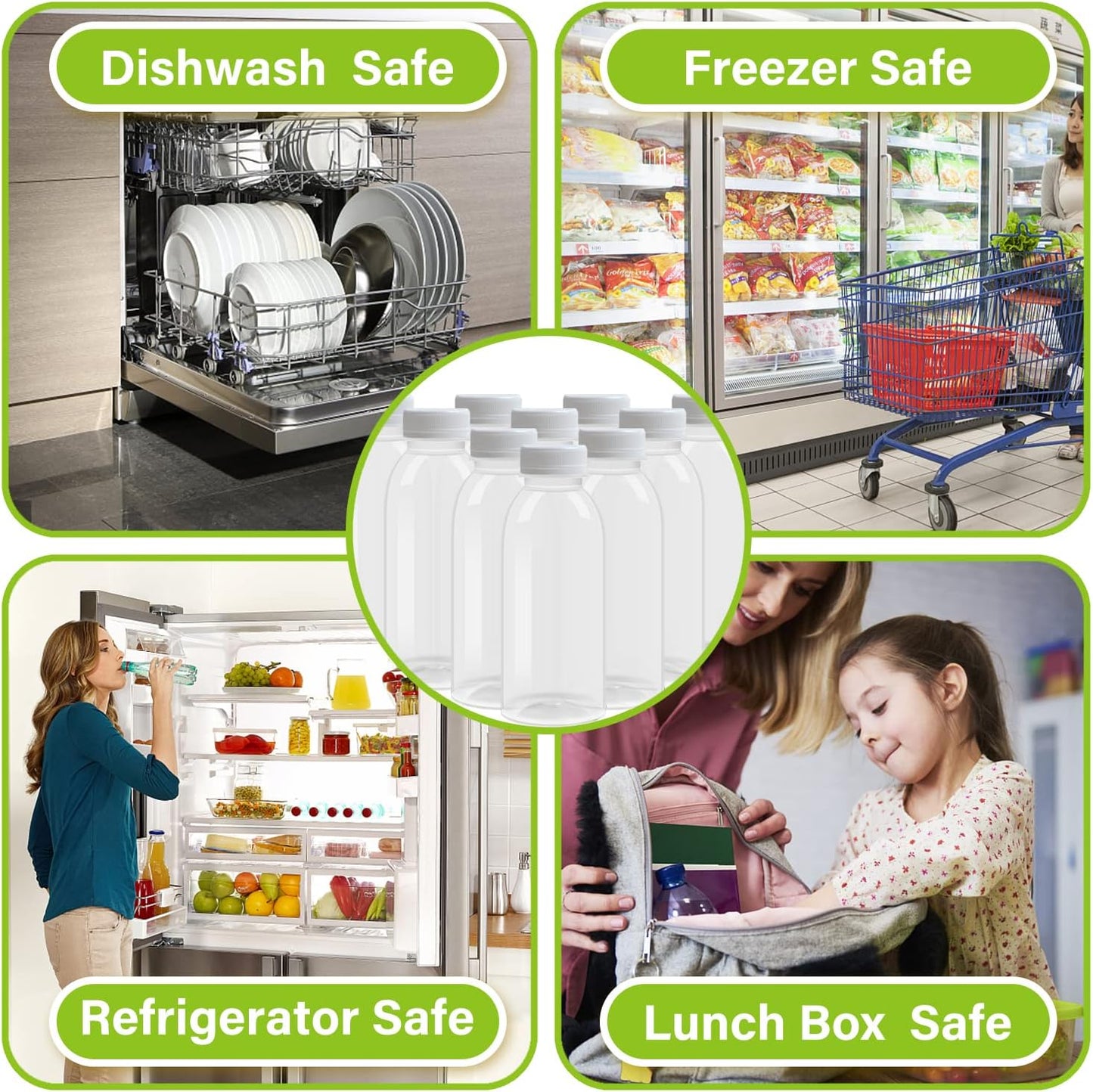 EONJOE Dishwasher Safe 16oz Plastic Bottles with Caps Reusable BPA Free PP5 Juice Milk Water Smoothie Bottle Heat-Resistant Refillable