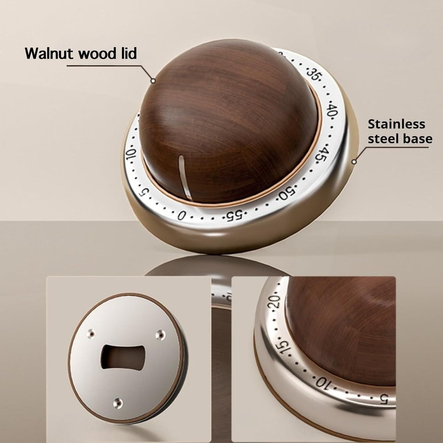 Modern Mechanical Kitchen Timer with Wood Grain Design, Stainless Steel Base, Easy-to-Use Cooking Timer for Home