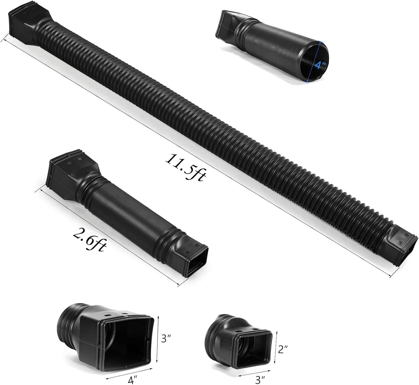 11.5ft Long Gutter Downspout Extensions Flexible, 4" Diameter Drain Downspout Extender, Down Spout Drain Extender for Rainwater Drainage, Extendable from 2.6ft to 11.5ft(Black)