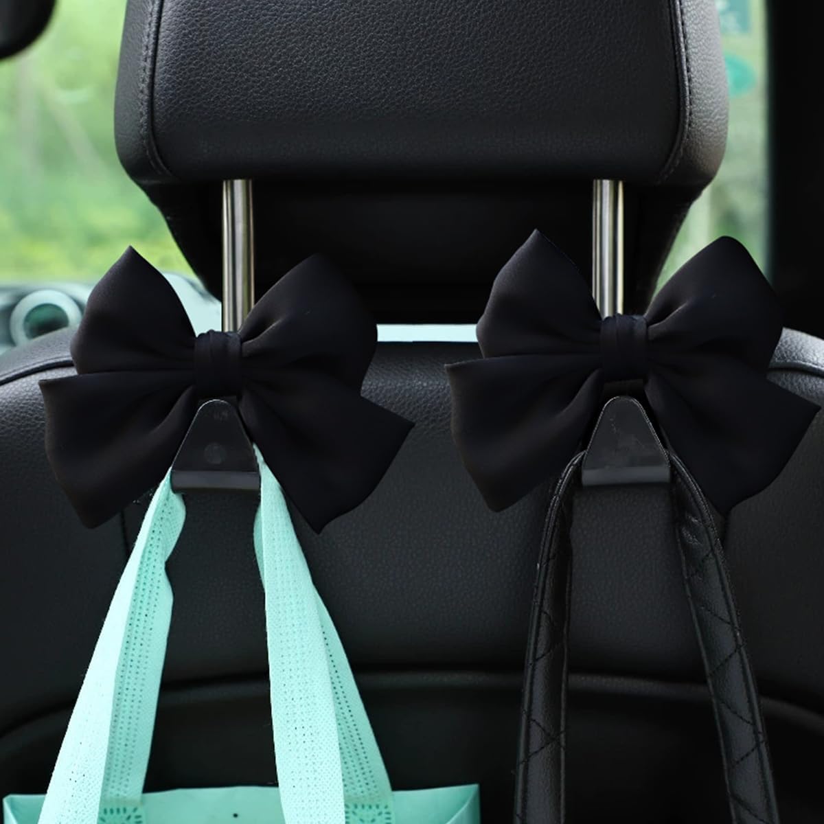 2PCS Car Seat Headrest Hooks, Cute Bow Vehicle Hooks for Purses and Bags, Automotive Purse Hook Hanger Interior Decoration Accessories, Universal for SUV, Sedan, Truck (Black Line)