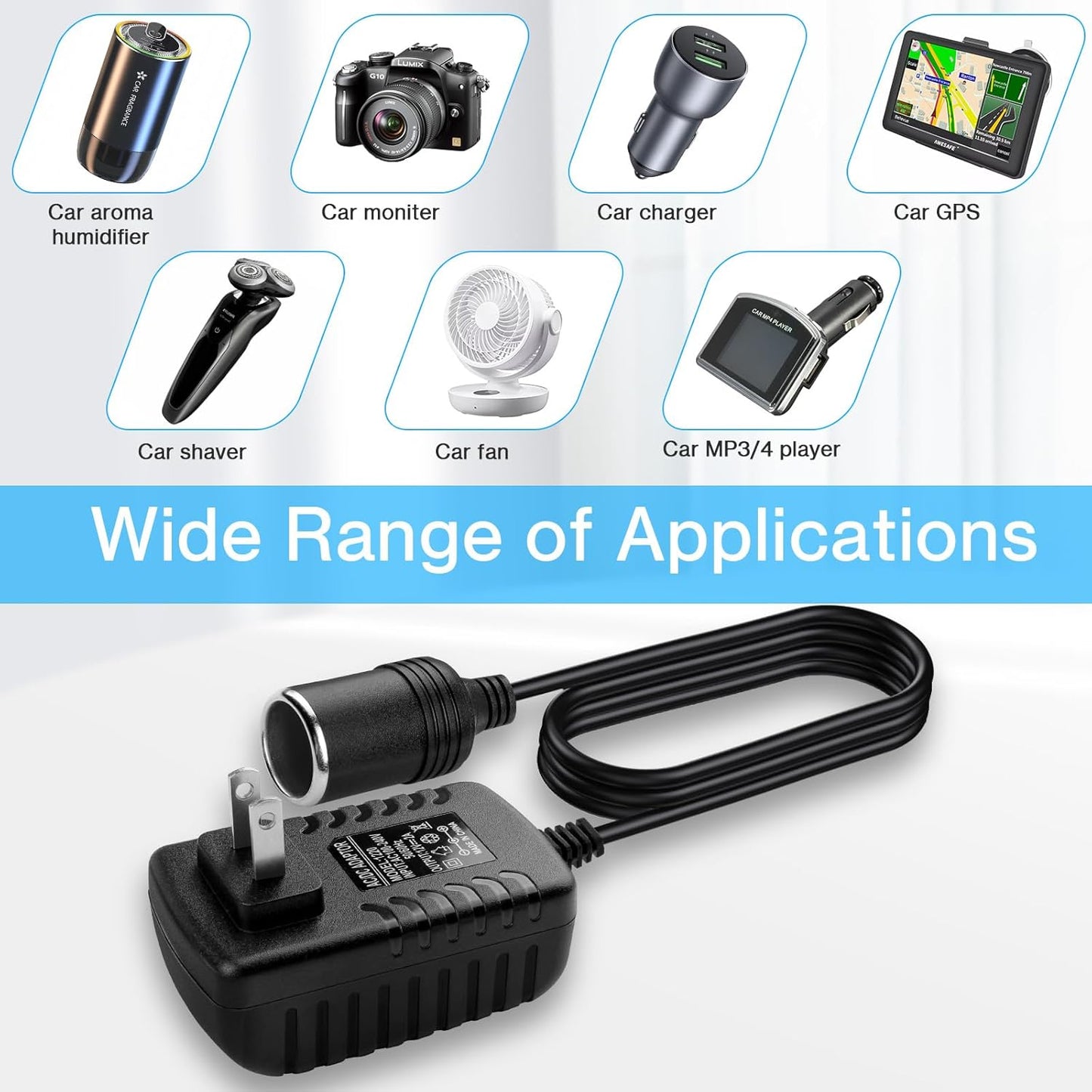 AC to DC Converter 2A 24W Car Cigarette Lighter Socket Adapter Power Cable 110-240V to 12V AC/DC for Automobile Home Use Car to Wall Plug(Under 24W only)