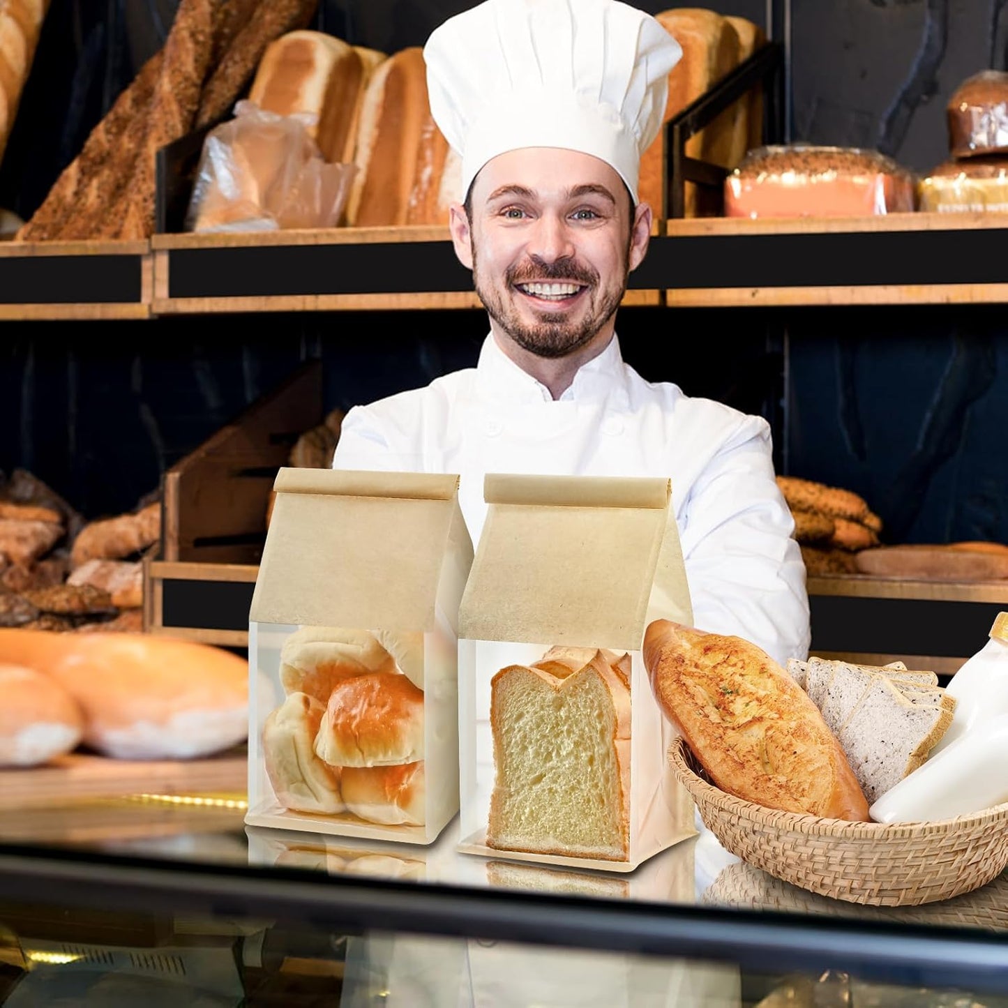 50 PCS Bread Bags for Homemade Breads, 11 x 5.1 x 3.9 Inches Bakery Bags with Tin Tie Tab Lock, Cookie Bags with Window for Pastry Bagel Packaging