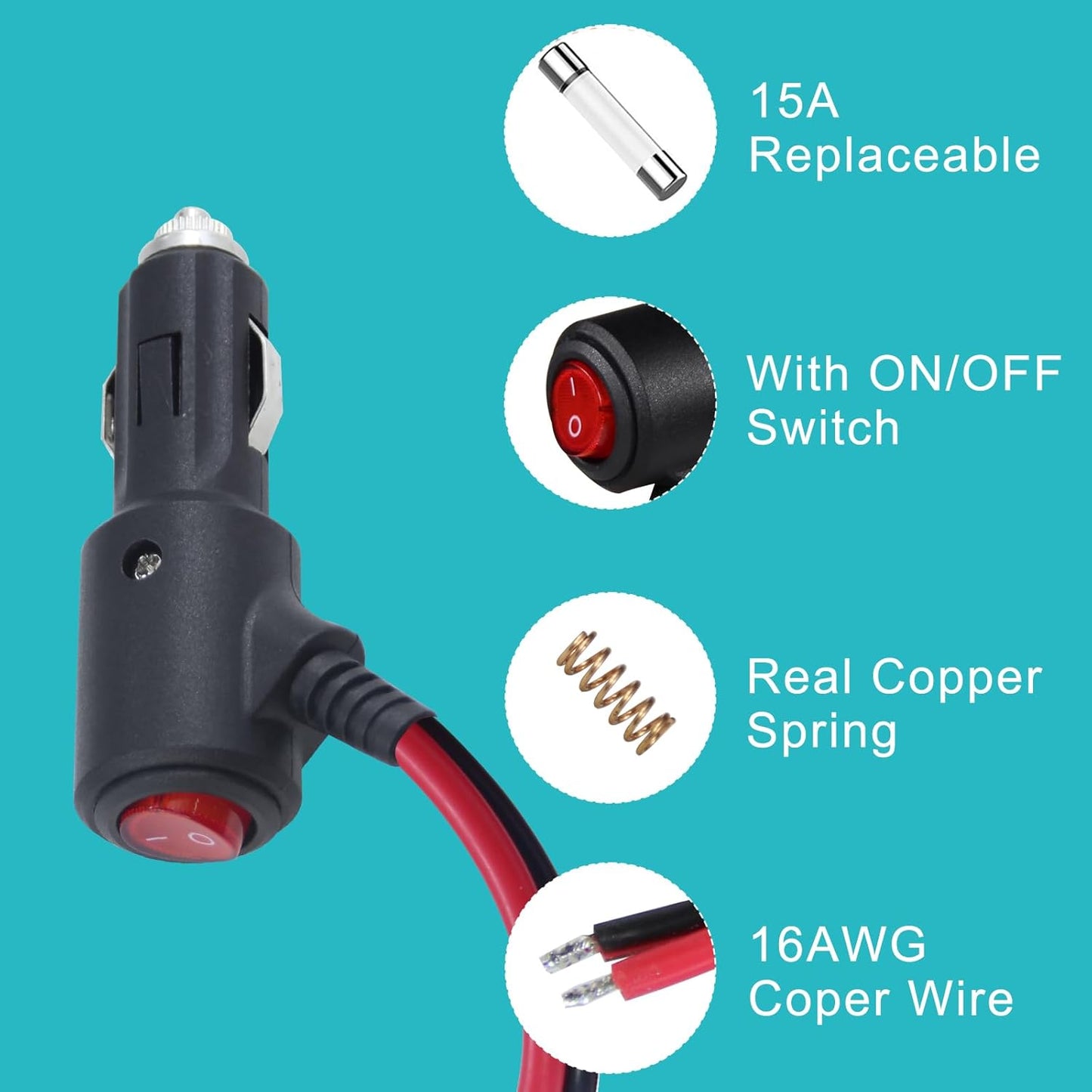 12V Fused Replacement Cigarette Lighter Male Plug with On Off Switch - 2FT 12Volt 15amp Cigarette Lighter Plug with Leads and Led Lights, 16AWG Cigarette Plug for Car Cooler,Cb Radio, Air Compressor