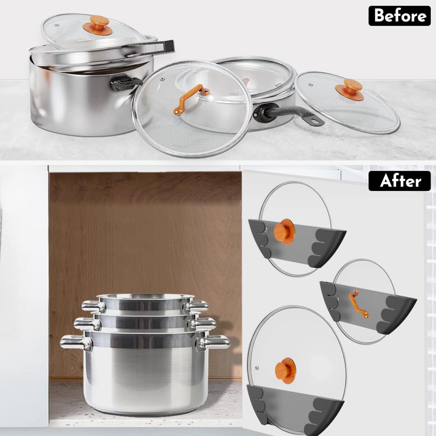 Universal Pot Lid Organizer for Cabinet - Upgraded Patented 6 Pack Pan Lids Organizers Inside Door Wall Mount Pots Top Storage Rack Holder Kitchen, Fits 6" to 13" (Black)