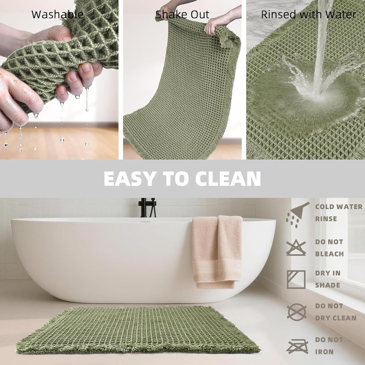 Set of 2 Waffle Bathroom Rugs, Super Absorbent Boho Bath Mats, Non-Slip Shower Mats for Bathroom Floor and Tub, Ultra Soft Waffle Weave Runner Mat, Quick Dry, Olive Green, 17x24+18x30 Inch