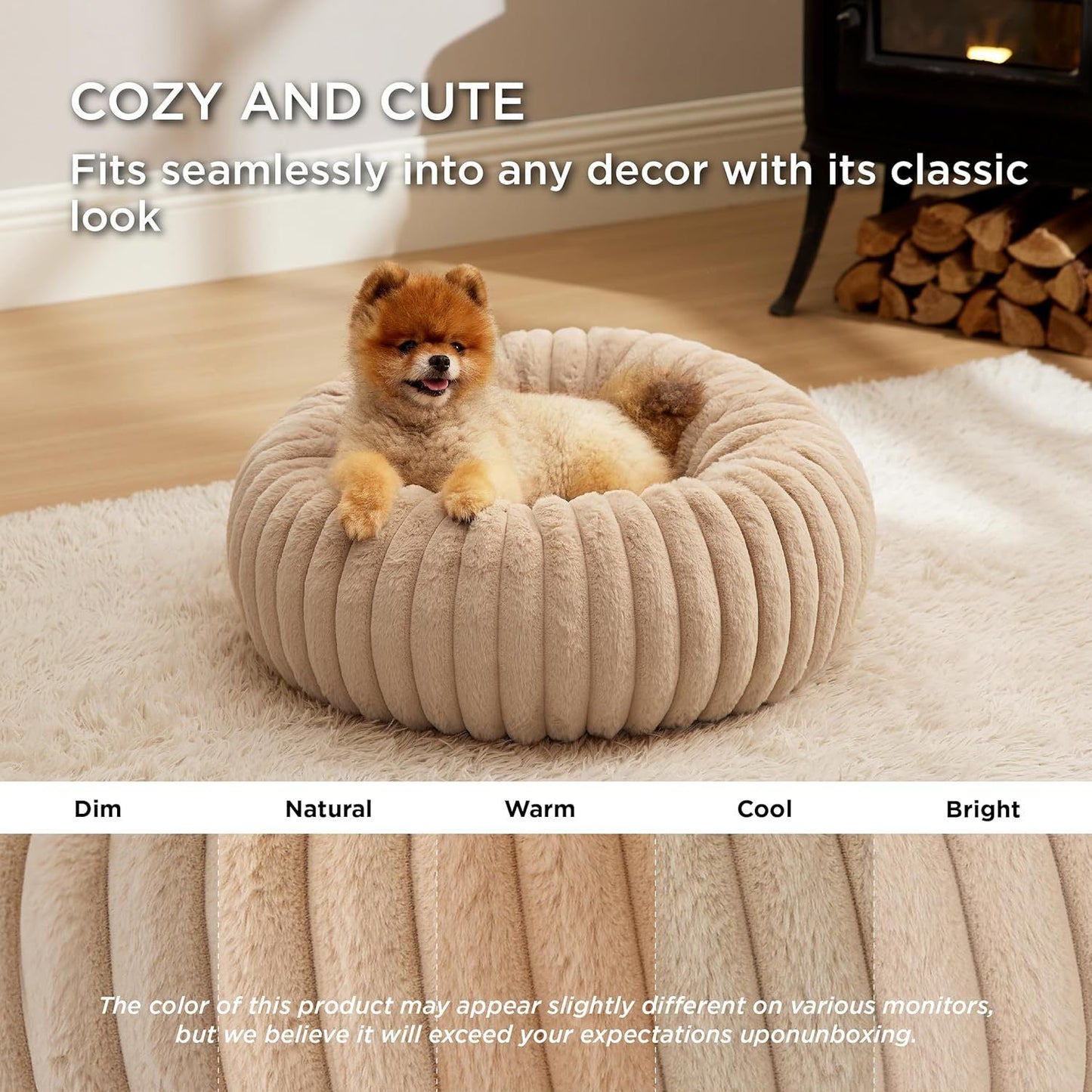 Calming Donut Pet Bed - Faux Rabbit Fur Soft Warm Round Cat Dog Bed - Plush Cozy Cuddler for Small Dogs Cats - Beige L 80cm