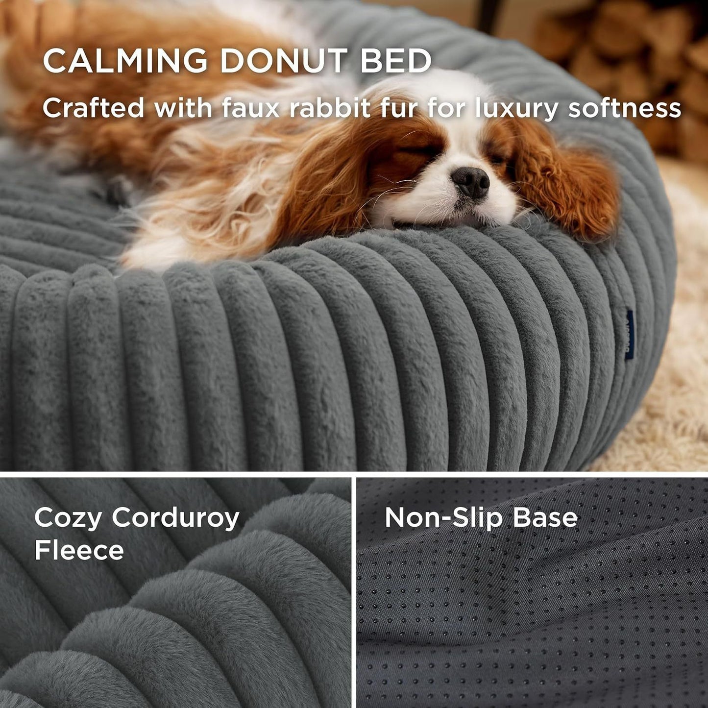 Calming Donut Pet Bed - Faux Rabbit Fur Soft Warm Round Cat Dog Bed - Plush Cozy Cuddler for Small Dogs Cats - Gray M 70cm