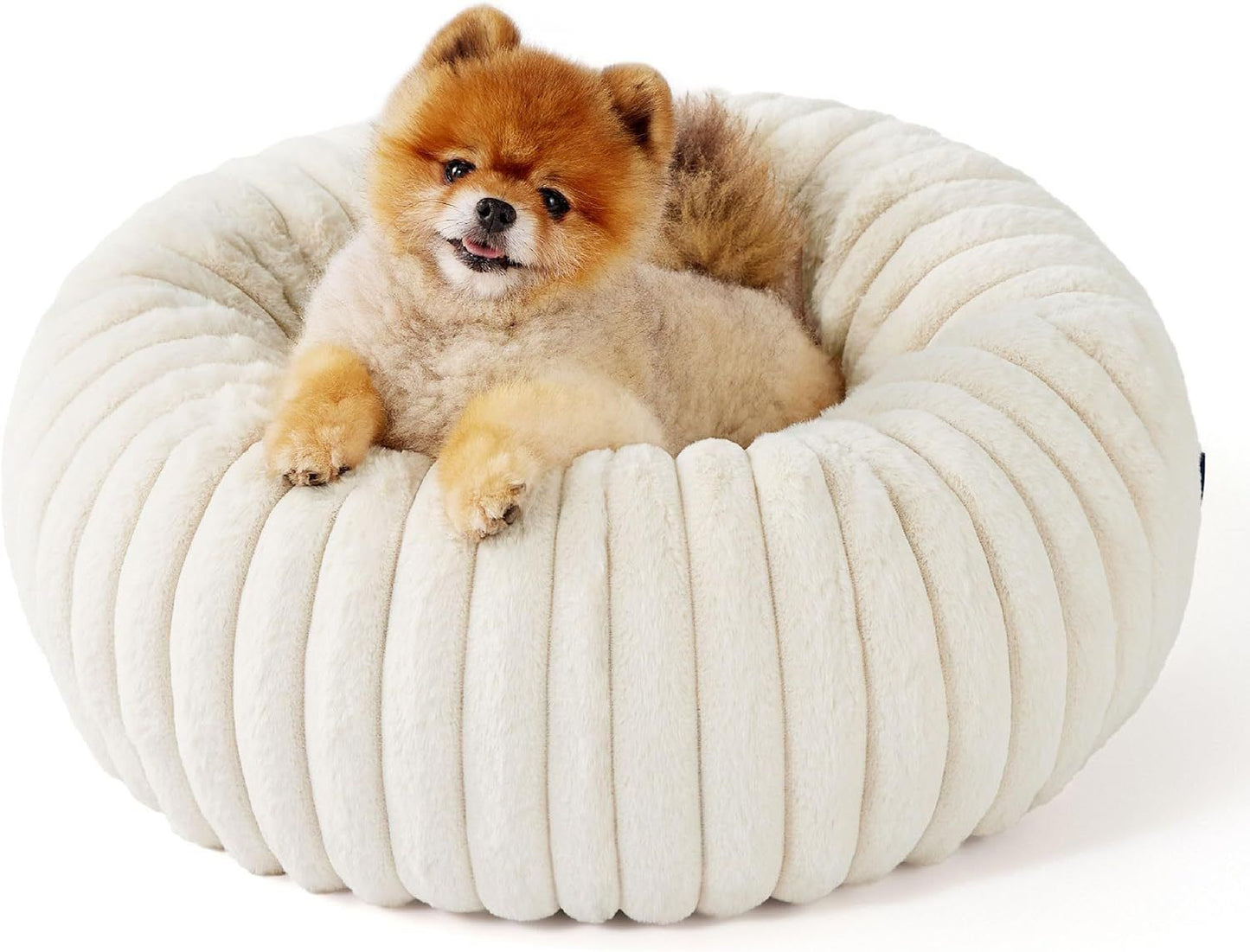 Calming Donut Pet Bed - Faux Rabbit Fur Soft Warm Round Cat Dog Bed - Plush Cozy Cuddler for Small Dogs Cats - Off White XL 90cm