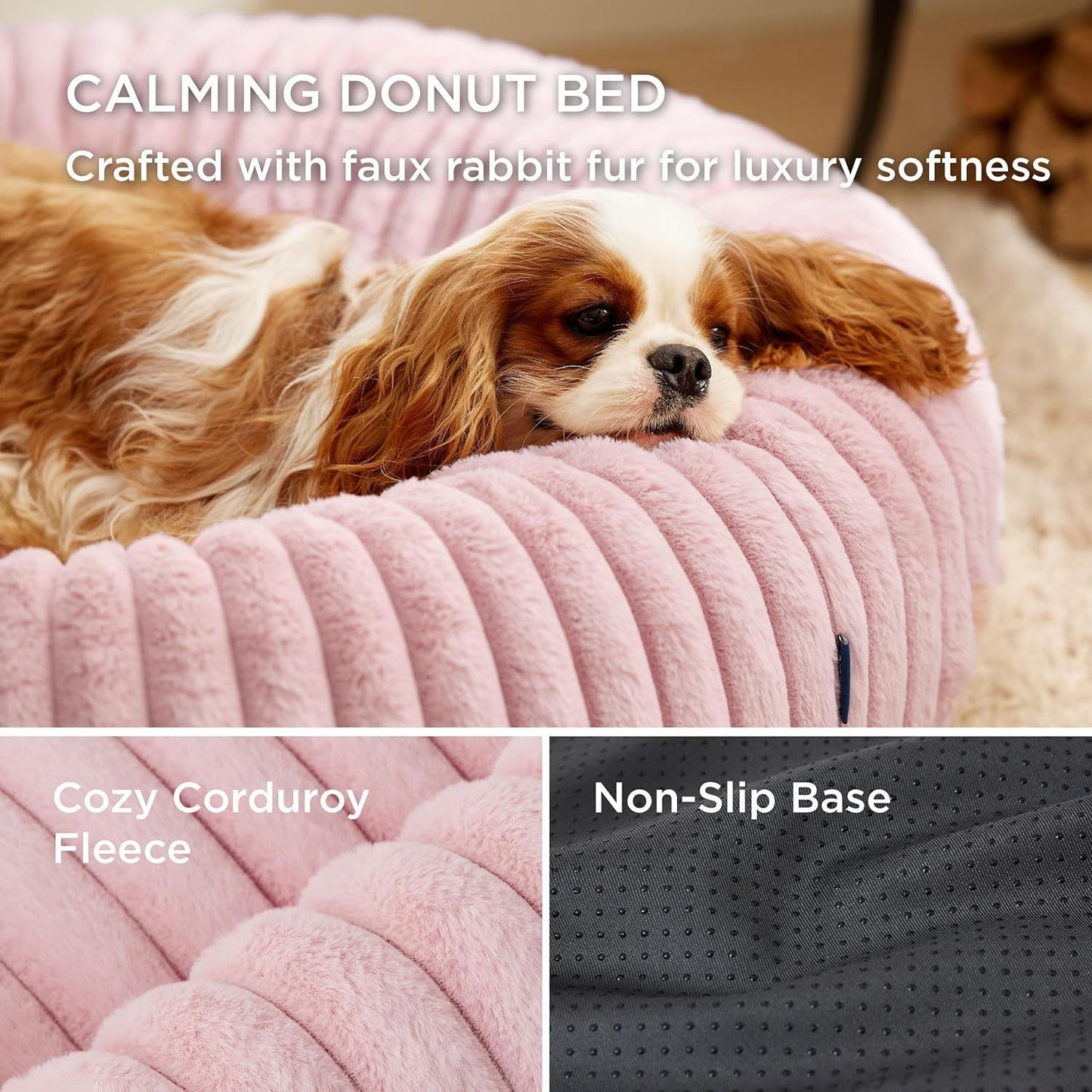 Calming Donut Pet Bed - Faux Rabbit Fur Soft Warm Round Cat Dog Bed - Plush Cozy Cuddler for Small Dogs Cats - Pink L 80cm