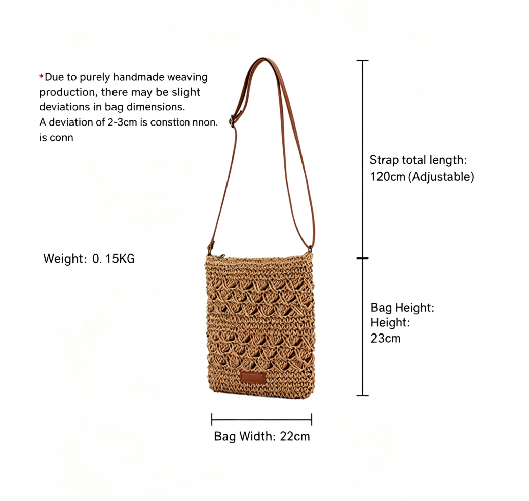 Hollow Woven Summer Beach Bag - Handmade Paper Rope Crossbody Tote for Vacation - Lightweight Crochet Shoulder Bag - Camel