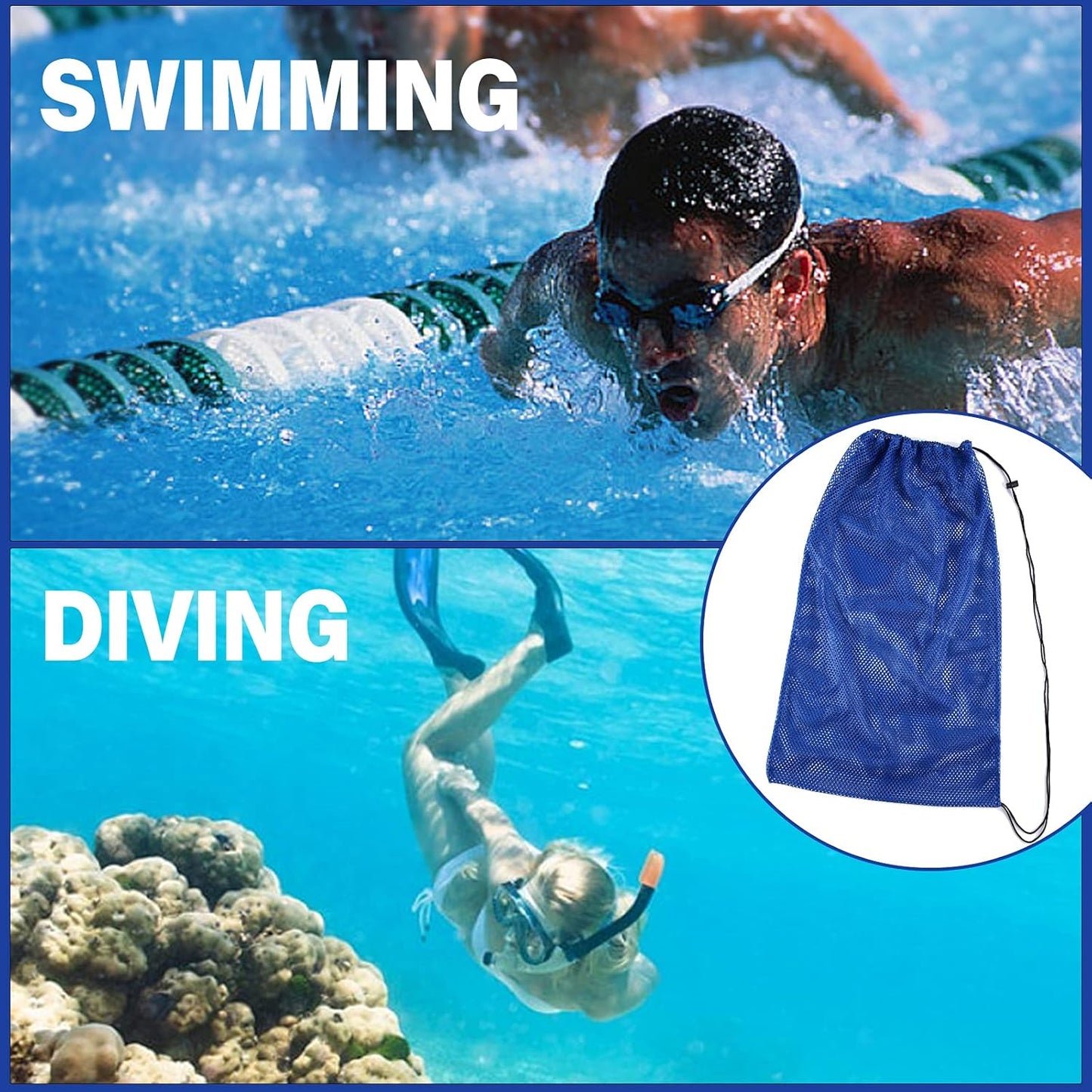 2 Packs Mesh Gear Bag for Snorkel Equipment, Oversized 18" x 27" Dive Scuba Diving Backpack Snorkeling, Fins, Swimming Gear, Beach and Sports Equipment (Black & Blue)