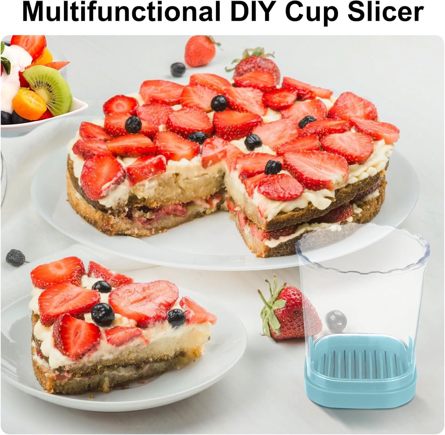 Strawberry Slicer:Fruit Slicer Cup Veggie Salad Speed Cutter for Strawberries Egg Banana Mushroom Cucumber Kiwi the Kitchen Portable Slicing Tool (Blue) Blue