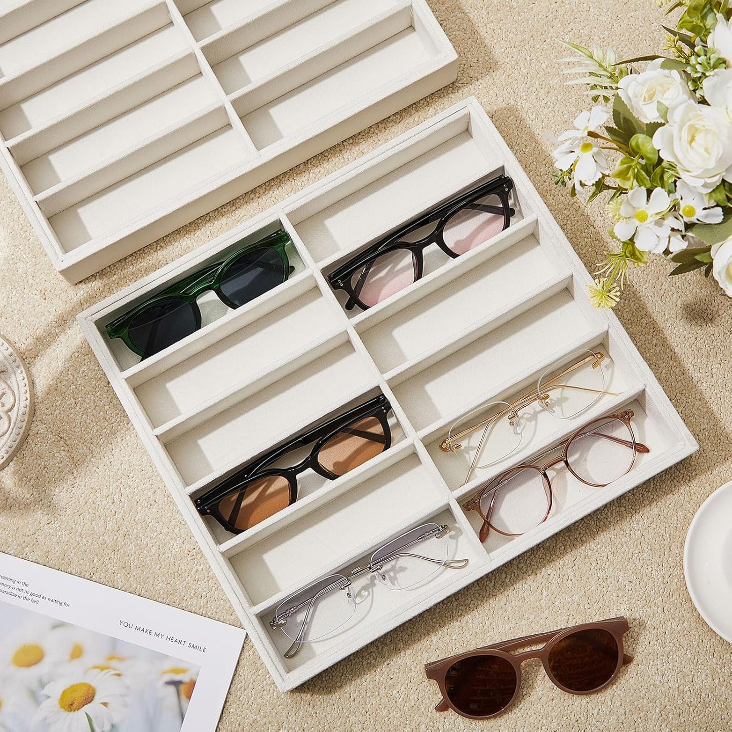 2 Pcs Sunglass Organizer Trays Glasses Stackable Jewelry Display Box (12 Grids,Beige) Beige 12 Grids