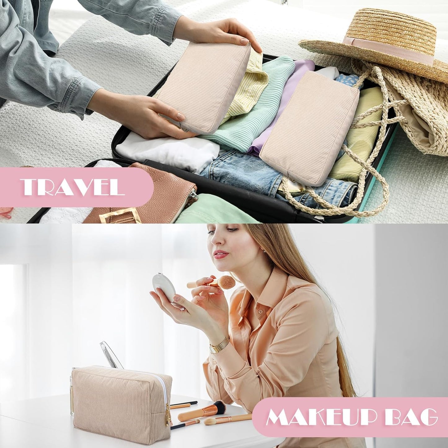12 Pcs Corduroy Makeup Bag Large Capacity Preppy Cosmetic Bulk DIY Daily Use Plain Portable Pouch Travel Purse Organizer Storage for Women Xmas Gift(Beige Pink) Beige Pink
