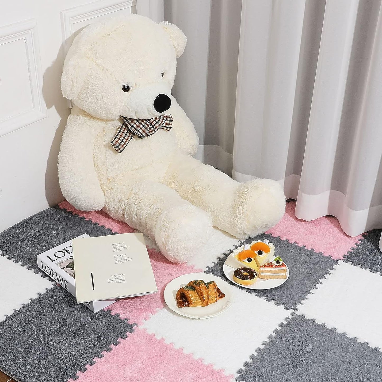 72 Pieces Plush Foam Floor Mat Square Interlocking Carpet Tiles with Border 12 x 0.4 in Fluffy Play Soft Climbing Area Rugs for Home Playroom(White, Gray, Pink) White, Pink