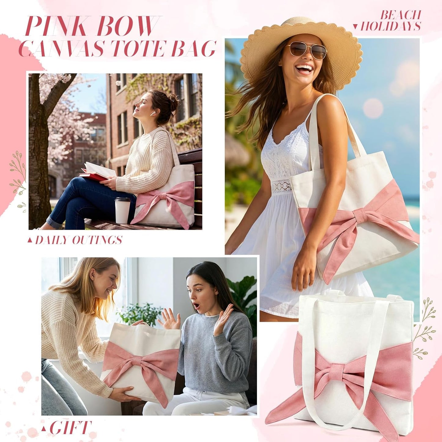 Coquette Pink Sculptural 3D Oversized Bow Canvas Tote Bag Women Cute Aesthetic Balletcore Preppy Shopping Work Gift White