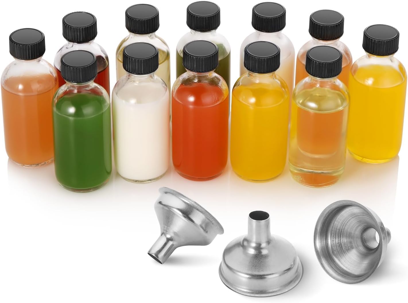 Petluno 12 Pack, 2 oz Small Clear Glass Bottles w/Lid & 3 Funnels - 60ml Boston Shot for Health, Immunity, Potion, Wellness, Sample, Ginger, Juice Mini Personal Care Beauty Travel Bottle