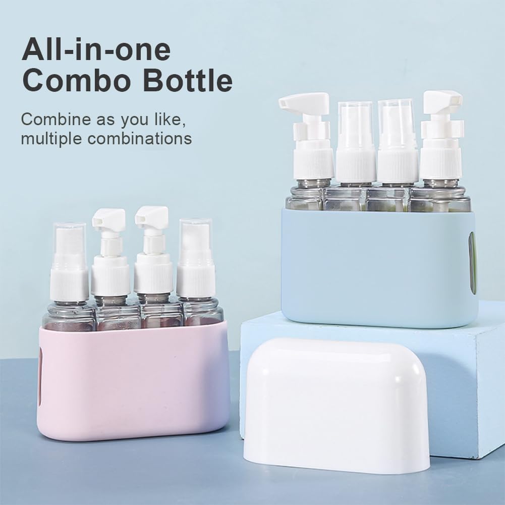 Petluno 4-1 transparent travel bottle set, 50 ml refillable for toiletries, shampoo, cosmetic liquid - 2 spray, pump bottles, labels, box included Blue