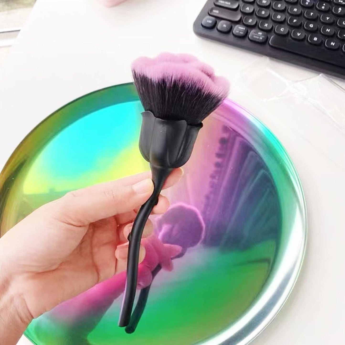 3Pcs Nail Dust Brush Rose Nail Brushes, Acrylic Long Handle Nail Brush Blusher Loose Powder Brush, Makeup Soft Blush Brush for Cleaning Dust Nail Art Tools