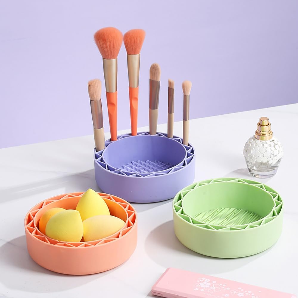 Makeup Brush Cleaner, Sillicon Brushes Cleaning Mat Brush Holder Bowl Prtable Cleaning Tool (Purple)