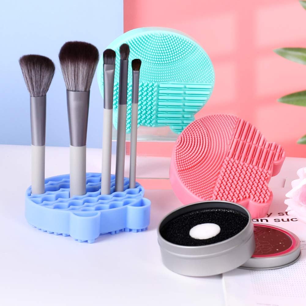 Makeup Brush Cleaning Mat, 2 in 1 Silicone Brush Cleaner Pad with Brushes Drying Holder,Portable Travel Cosmetic Brush Dryer Pad Washing Tool, Blue