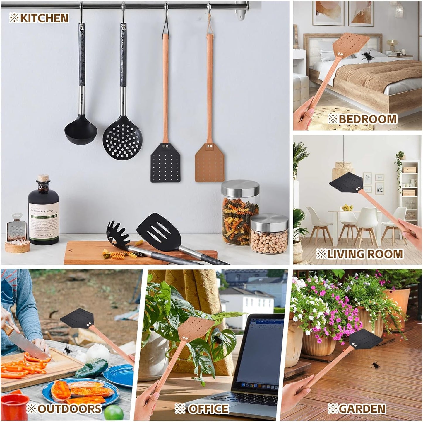 2 Pcs Leather Fly Swatter with Wood Handle, Durable Heavy Duty Fly Insects Catcher for Indoor Outdoor, Wooden Design Fly Killer Pest Control Bug Swatter Manual for Spiders, Flies, Bees, Mosquitoes
