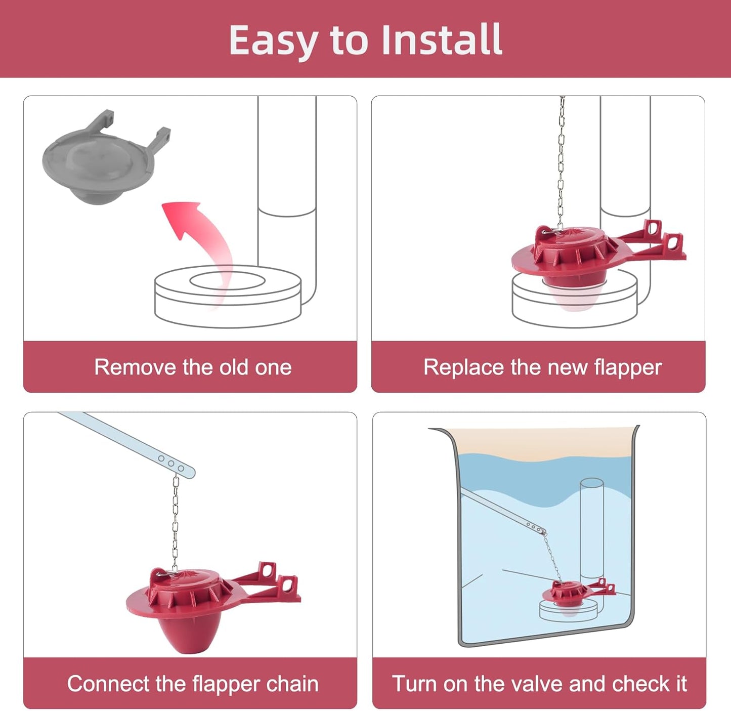 2-inch Universal Toilet Tank Flapper, Long Lasting All Rubber Seal Flapper Replacement Compatible with American Standard Water Conserving, High Performance, Easy to Install, Red