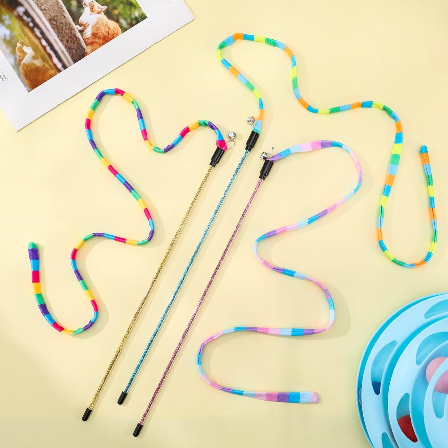3 Pack Cat Wand Toy, Interactive Cat Rainbow Wand Toys, Interactive Cat Teaser Wand String, Rainbow Cat Teaser Wand String Plush Toy with Bell for Kitten Cat Exerciser Playing