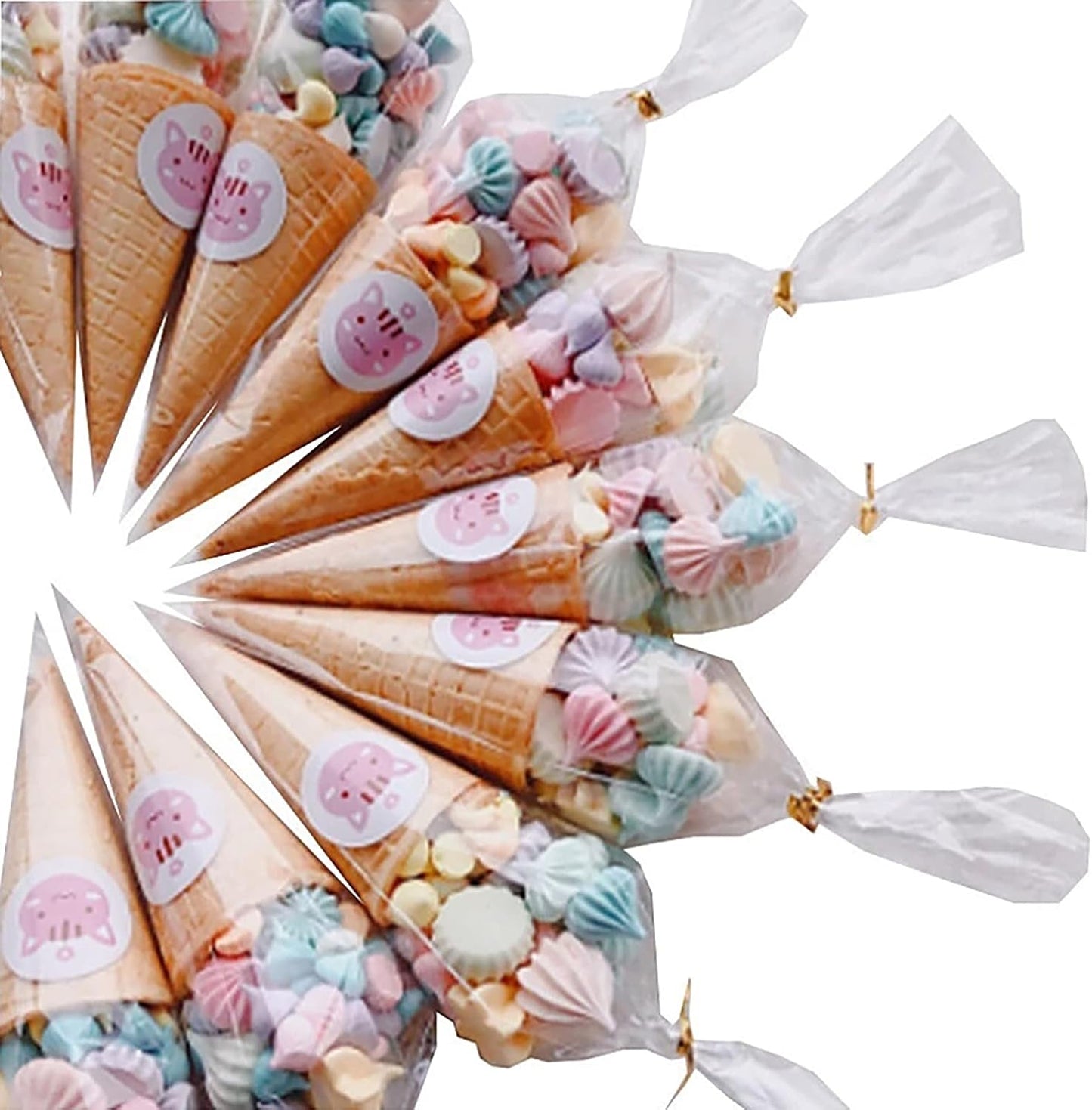 200 Pcs Clear Cone Bags Triangle Goody Bags Plastic Bags with Twist Ties Clear Cello Cellophane Bags Transparent Party Treat Sweets Bags for Baking Candy Wrapping