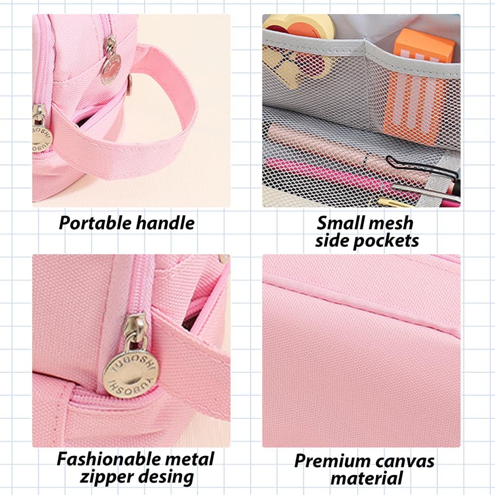 Large Capacity Pencil Case Adult, Office College School Portable Handle Cute Pencil Case with Zipper, Aesthetic Study Pencil Pouch Stationery Organizer for Back to School Teen Men Women (Pink)