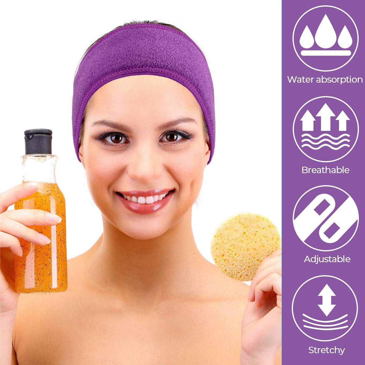 Spa Facial Headband 4 Packs Head Wrap Terry Cloth Headband Adjustable Stretch Towel for Bath, Makeup and Sport (Purple)