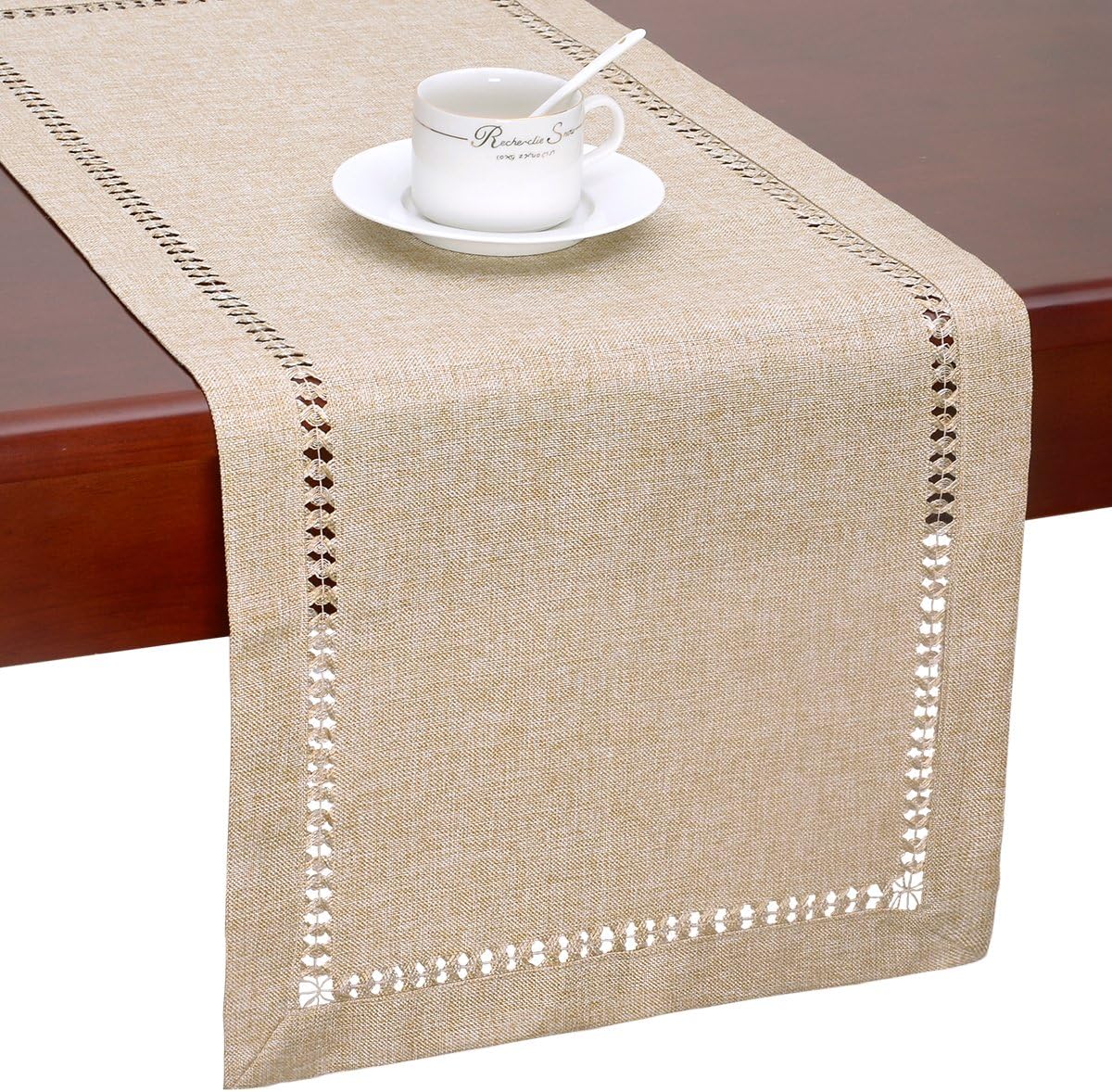 Handmade Hemstitch Beige Table Runner Or Dresser Scarf, Rectangular 14 By 108 Inch