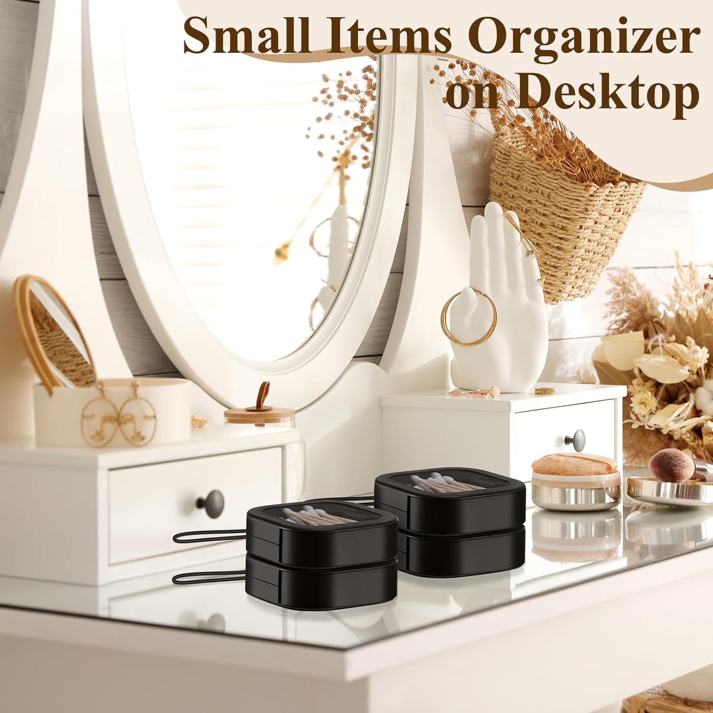 4 Pcs Black Hair Tie Organizer Portable Hair Accessory Storage Containers Stackable Tie Bobby Pin Holder Home Cotton Swab Dispenser Accessories Jewelry Organizer Box